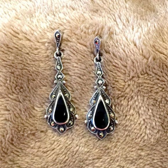 Vintage Sterling Silver Onyx Marcasite Drop Dangle Earrings - Picture 4 of 4